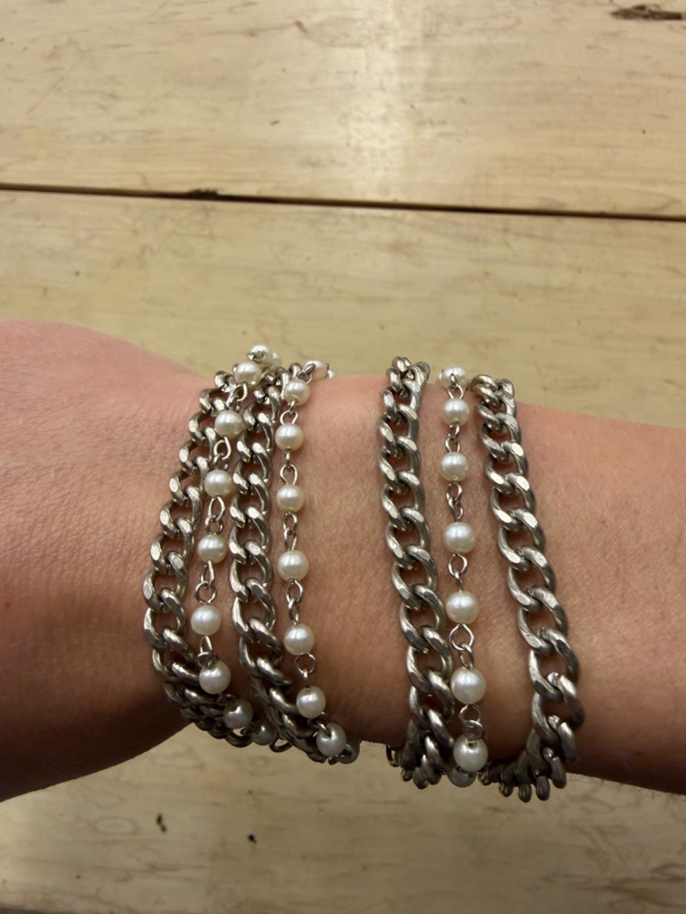 Silver Chain and Faux Pearl Multi-Strand Wrap Bracelet
